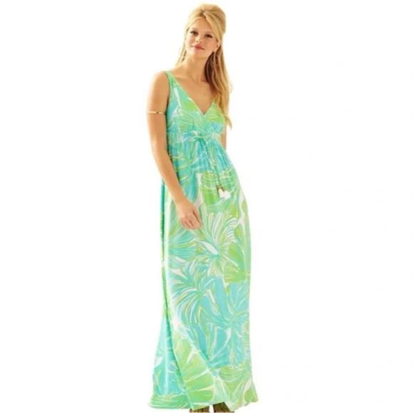 Lilly Pulitzer Isla Green Sheen Fronds Place Tassel Tie Jersey Long Maxi Dress - Picture 2 of 9
